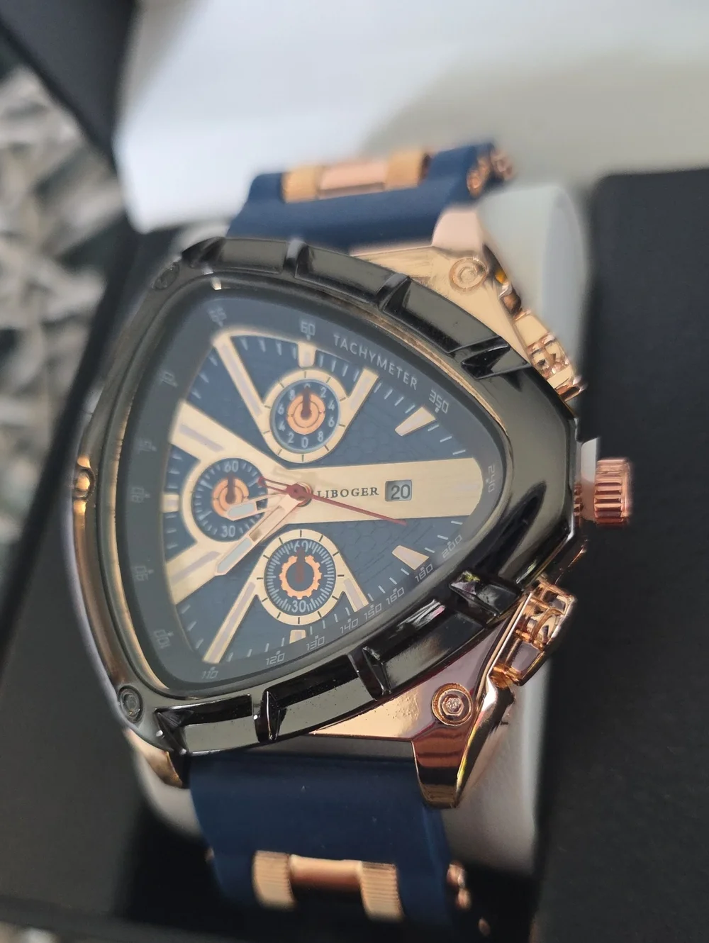 277.   Unique Triangular Men's Chronograph Watch - Navy & Rose Gold